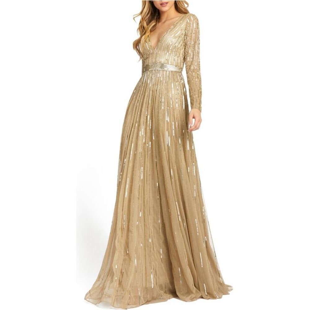 Mac Duggal Womens Long Sleeve Sequin Bead Stripe Gown Dress, , 10, DM